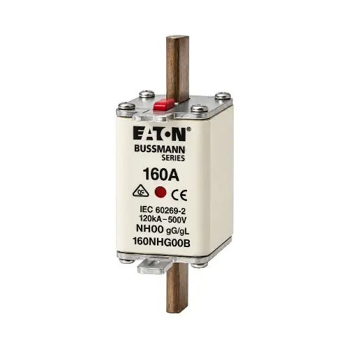 eaton-bussmann-160a-nh-fuse-south-africa Front-facing view of a 160A Battery Fuse with NH00 blade contacts and printed rating label