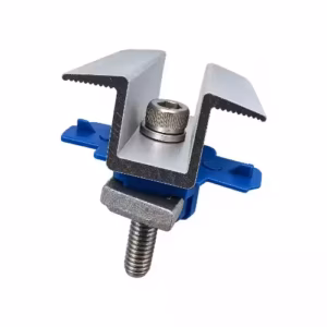 Front-facing aluminium Solar Mid Clamp with M8 Allen cap screw on white background
