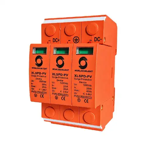 dc-surge-protector-1000v-3p-south-africa Front-facing DC Surge Protector 1000V 3P with three plug-in modules and status windows
