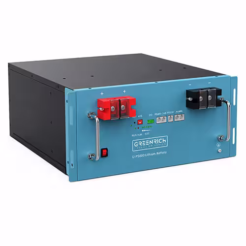 greenrich-4-95kwh-lithium-battery Front-facing Greenrich 4.95kWh Lithium Battery unit showing branded fascia and stackable rack-mount casing