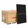 longi-solar-panels-bulk-buy-sa Front facing view of Longi solar panels bulk price 36 per pallet packed on timber.