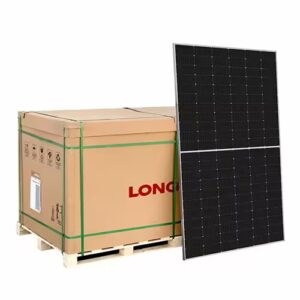 Front facing view of Longi solar panels bulk price 36 per pallet packed on timber.