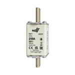 battery-fuse-250a-nh1-hrc-500v-south-africa Front-facing Battery Fuse 250A NH1 HRC 500V with metal knife blade contacts on both ends