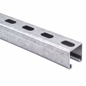 Front-facing view of the galvanised P2000 Mounting Solar Rail 3.2m showing its slotted profile.