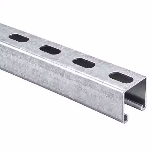 p2000-mounting-solar-rail-3-2m Front-facing view of the galvanised P2000 Mounting Solar Rail 3.2m showing its slotted profile.