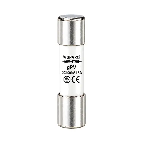 solar-pv-fuse-dc1000v-15a-south-africa Front-facing view of the Solar Fuse 15A 1000VDC, a 10x38mm cartridge with metal end caps