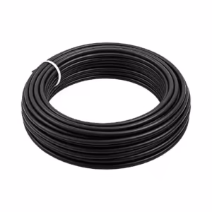 Front-facing view of a coiled Solar Wire 6mm Black PV cable on white background