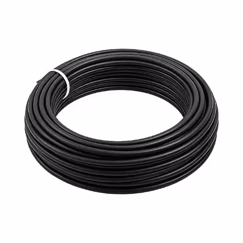 Front-facing view of a coiled Solar Wire 6mm Black PV cable on white background